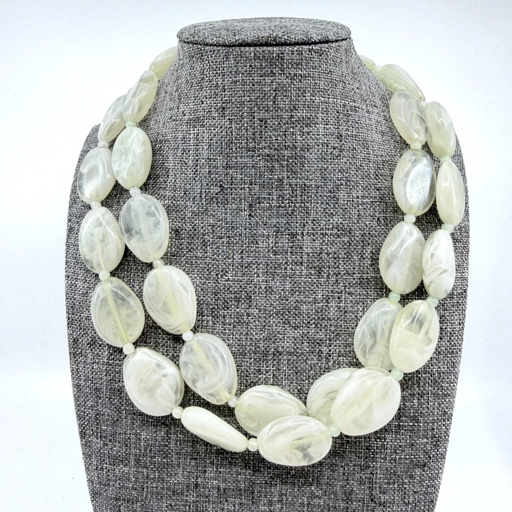 Pale Green Translucent Marbled Bead Double Strand Necklace Statement Jewelry